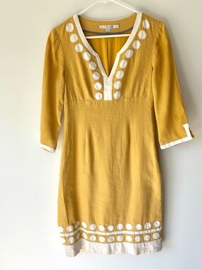 Boden Marigold Yellow Linen Shift Dress Knee Length White Embroidered Appliqué